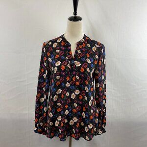 Whistles Blouse US 8 Black Blue Red White Green Floral Half Button Long Sleeve